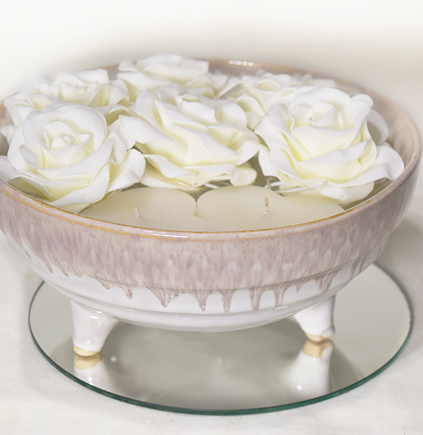 Age of amethyst bowl with foam roses and classic heart candles